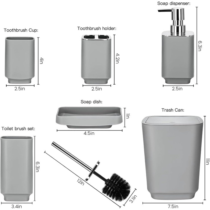 Сучасний набір для ванної кімнати на 6 предметів: мильниця, тримач для зубних щіток, дозатор мила, сміттєвий бак, стаканчик та WC-щітка з пластику та металу (сірий)