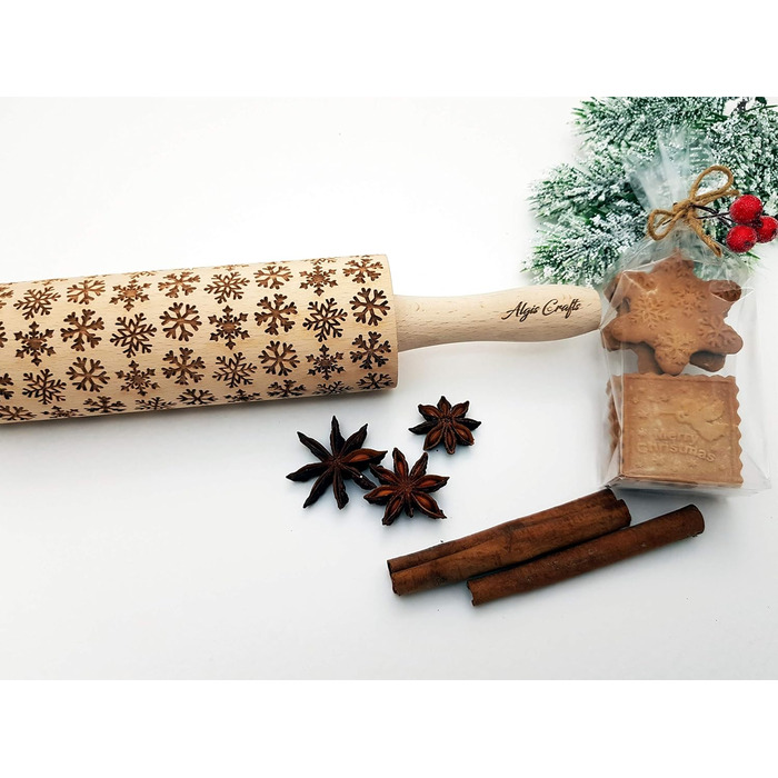 Snowflake Rolling Pin with Pattern Christmas Baking - Dough Roller Wood for DIY Christmas Cookies and Ceramics - Engraved Cookie Roller with Motif - 3D Cookie Roller by Algis Crafts