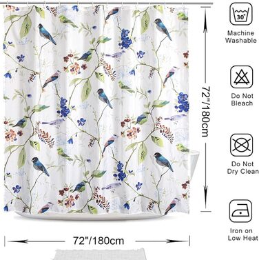 Штора для душу 180x180 см з квітами, антигрибкова, водонепроникна, швидковисихаюча, поліестер, з 12 кільцями (пташки)