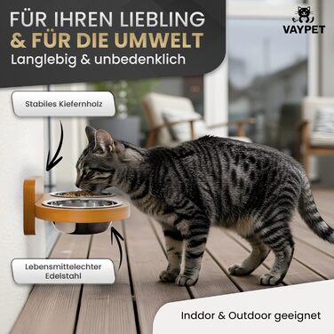 Підвищений годівниця для котів Doppel-Katzennapf з силіконовим клеєм для кріплення на стіну без свердління. Плавучий годівниця для котів, довговічна чаша з нержавіючої сталі (дуб)