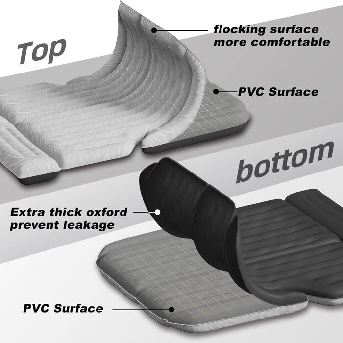 Automatic Inflatable Air Mattress for SUV - Flocked Surface, 2-Pillow Air Bed for Car Trunk, Travel, Camping & Home Use (Light Gray, 185x140x16 cm)