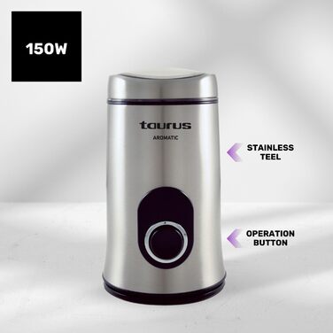 Кавомолка TAURUS Aromatic, 150 Вт, 50 г, нержавіюча сталь, кнопка старту, сірий