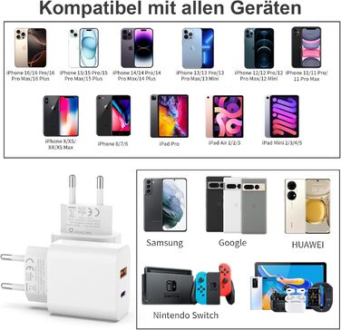 Зарядний пристрій USB-C 25W з адаптером USB [2 в 1] (2 шт.) для iPhone/iPad/навушників/телефону. Мережевий адаптер, багатофункціональний зарядний пристрій, підтримка PD 3.0, швидка зарядка, білий. Без кабелю.