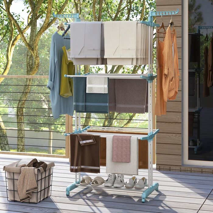 Сушарка для білизни COSTWAY 4-рівнева з колесами, розкладна, з 2 обертовими крилами, висувна, для дому та вулиці (світло-блакитна)