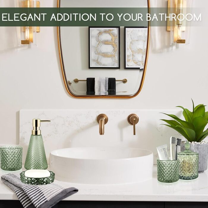 Набір аксесуарів для ванної кімнати зі скла, 5 предметів, зелений, вінтажний стиль. Включає: миловарку, 2 склянки, тримач для зубних щіток, миловарку та піднос для мила.