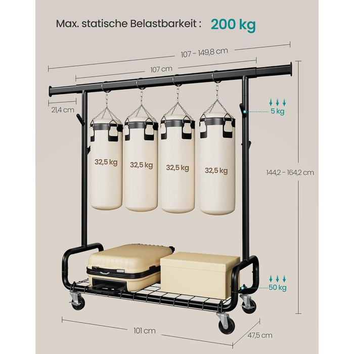 SONGMICS Стійка для одягу на коліщатках, важка, з висувними штангами, регульована висота, з полицею та гачками (HSR015B01, Чорний)