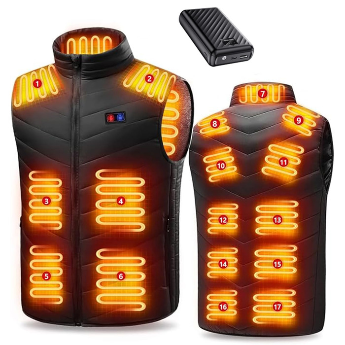 Електрична гріюча жилетка з акумулятором 27000mAh, 7.4V, 17 зон, 3 режими температури, для чоловіків та жінок, чорна