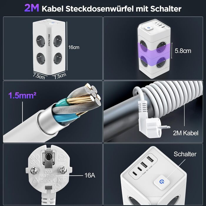 Мережевий фільтр з 4 розетками та 4 USB-портами, настінний, 4000W, 16A, з перетворювачем напруги, білий