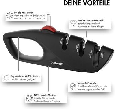 CUTMORE® Точилка для ножів Diamant - Оригінальна 5-в-1 для хлібних ножів, ножиць та ножів – професійний прецизійний кут – неслизька, проста, ефективна – відома у спільноті Hobbykoch (ProSharp)