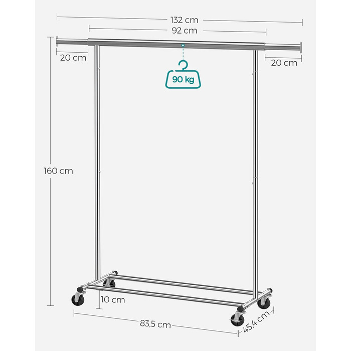 SONGMICS Heavy-Duty Clothes Rack, 2-Piece Set, Rolling Garment Rack, Holds up to 90 kg, with Extendable Wardrobe Rack, Folding Base, Shelf for Boxes, Silver HSR013S02