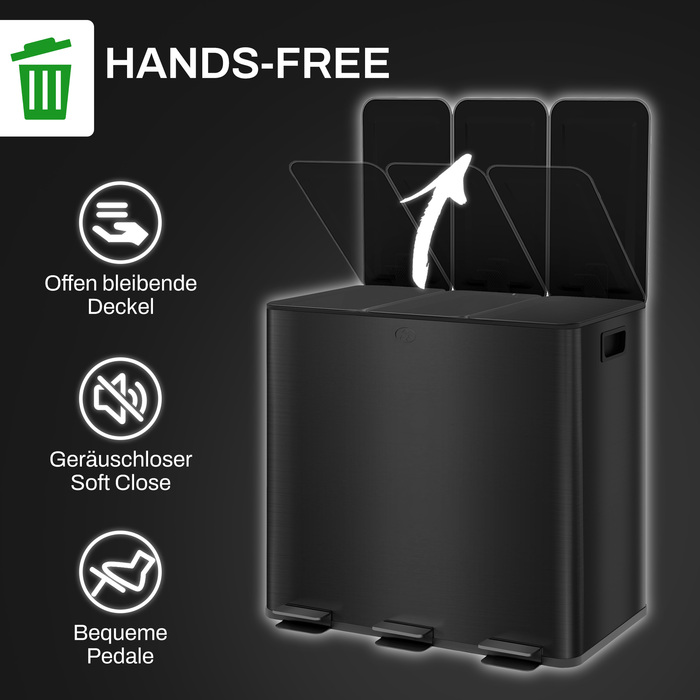 HOMCOM 3 x 15L Step Trash Can with Lid and Foot Pedal, Stainless Steel Waste Bin with Inner Bucket for Living Room & Office, 61.9 x 36.6 x 43.2 cm