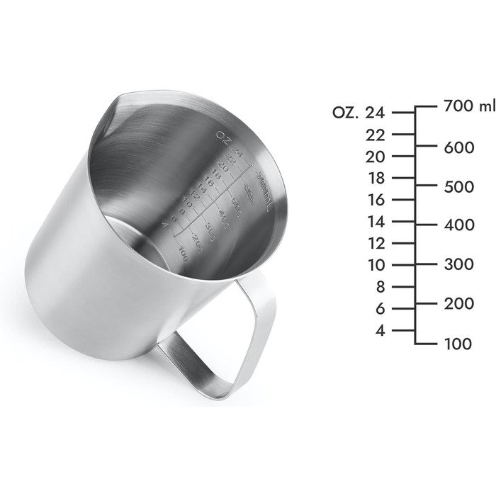 CURTA stainless steel measuring cup, 700 ml measuring cup, milk frothing cup, with markings for ml, oz, and cup.