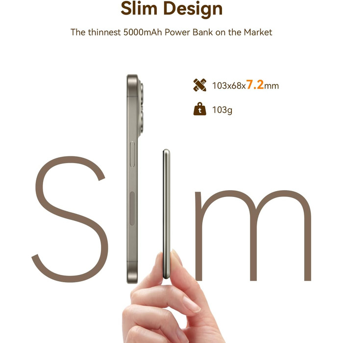 Power Bank Kuulaa Ultra Slim Magsafe, 5000mAh, Бездротова зарядка, Type-C, 20W, для iPhone 15/14/13/12 (Titanium)