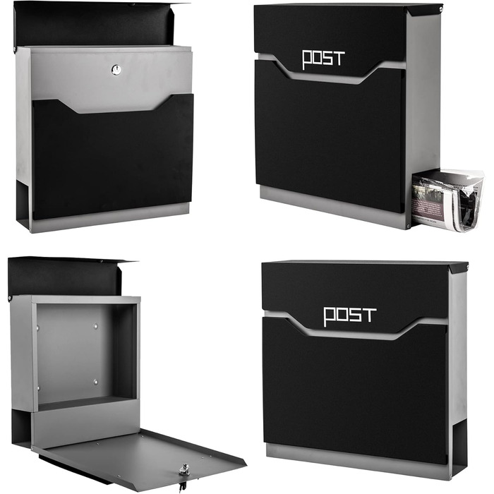 Поштова скринька Arebos сучасного дизайну настінна, з газетницею, чорна - стійка до погодних умов, з ключами та кріпленням