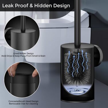 Щітка для унітазу WAVEWO з кріпленням на стіну, силіконова щітка та тримач, квадратна щітка з нержавіючої сталі 304, включає 2 насадки (круглі чорні)