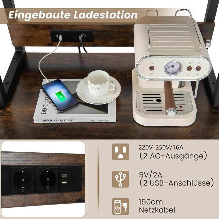 Стеляжка для кухні COSTWAY з розеткою, полицева стійка з 10 гачками, мікрохвильова полиця з металевим каркасом, полиця для кухні/їдальні, 60 x 42 x 153 см (з полицею для вина)