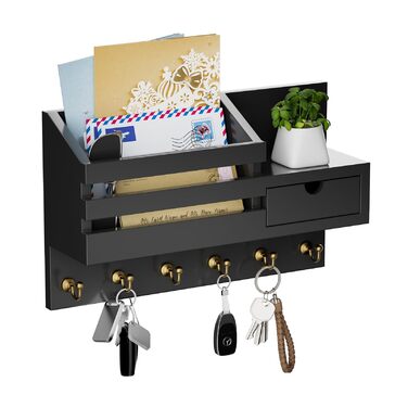 Настінна органайзер для ключів з 6 гачками та шухлядою, дерев'яна полиця для ключів, настінна вішалка для ключів, для прихожей, офісу, вітальні (білий)