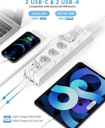 Мережевий фільтр Steckdoseleiste 5-фазний з індивідуальним вимикачем, захистом від перенапруги 1050J, для дому та офісу, кабель 2м (4 фази з USB, білий)