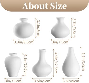 Set of 5 Small White Ceramic Vases - Mini Handmade Vases for Pampas Grass & Flowers - Modern Home Decor for Living Room, Kitchen, Office & Table