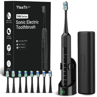 Електрична звукова зубна щітка для дорослих та дітей, 5 режимів чищення, 3 рівні інтенсивності, таймер, 8 насадок, чохол для подорожей, акумуляторна, чорний Obsidianschwarz