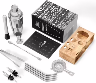 Cocktail Shaker Set with Stand & Recipe Book: Premium Stainless Steel Bar Cocktail Set, Cocktail Shaker, Measuring Jigger, Straws, Bar Spoon, Muddler | Bartender Bar Set Cocktail Accessories Gift for Women Men