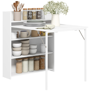 HOMCOM Folding Dining Table - Ideal for Small Spaces, with 4 Discreet Shelves, Foldable Kitchen Table, Anti-Tip Function, White