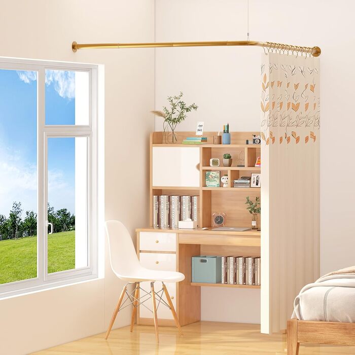 Кутова штанга для душу L-подібної форми, регульована, 90° поворот, з 12 гачками та підставкою для стелі - Золото