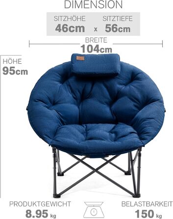 Крісло-місяць EVER ADVANCED Luxus XXL для кемпінгу, складне, до 150 кг, блакитне. З подушкою, для саду, балкону, приміщення.