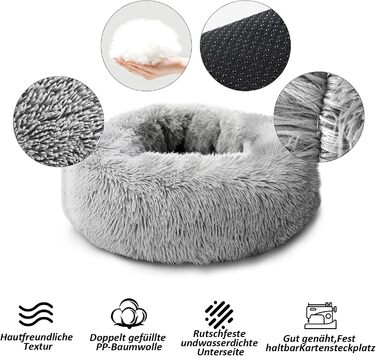 Кругле ліжко для собак та котів Caliyo, середнього розміру, 70 см (діаметр), світло-сіре, м'яке, знімний чохол, для прання та сушіння