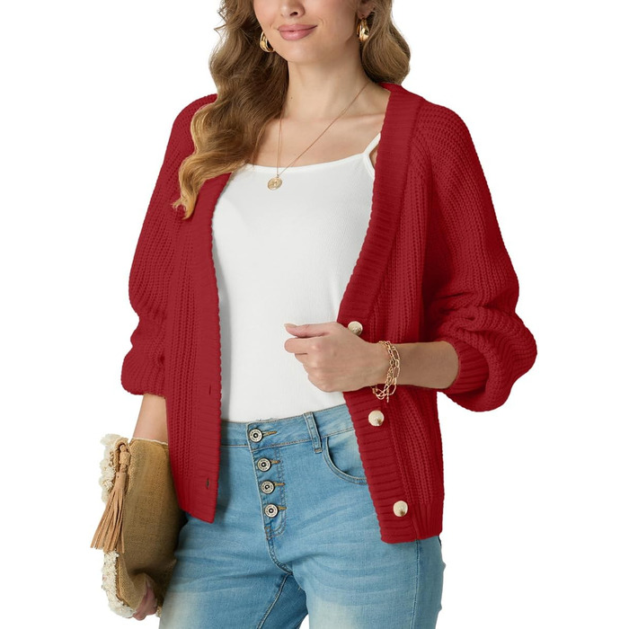 Жіночий в'язаний кардиган GRECEREE з V-подібним вирізом та ґудзиками, з кишенями (червоний, M)
