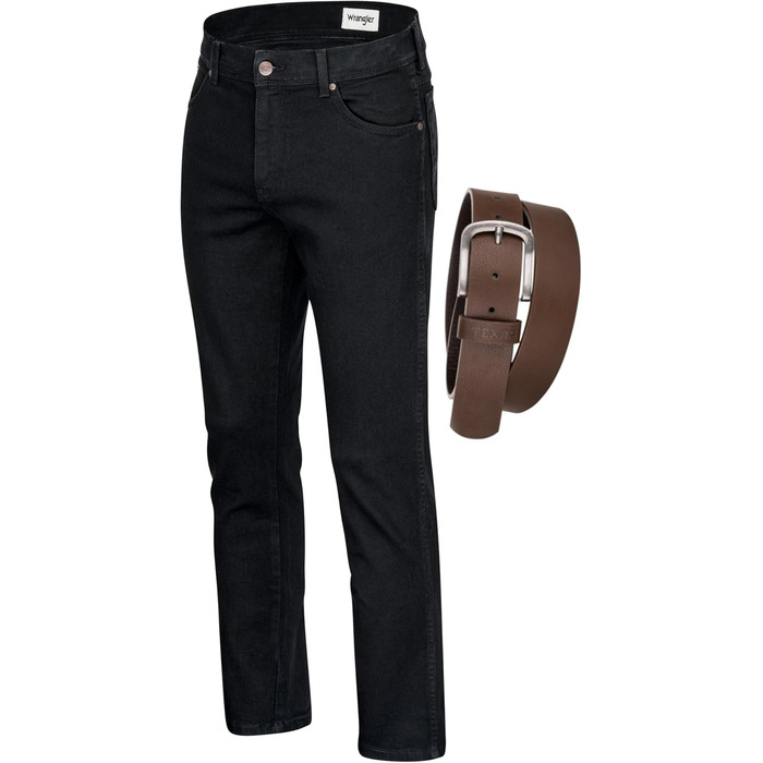 Джинси чоловічі Wrangler Texas Regular Fit Authentic Straight, еластичні, з ременем (38W/34L, Black Overdye + коричневий ремінь)