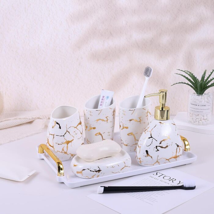 Bathroom Accessories Set, Gold Marble Look, Modern 6-Piece Bathroom Accessories Set, complete with soap dispenser, toothbrush holder, cup, tray, countertop (White Gold)