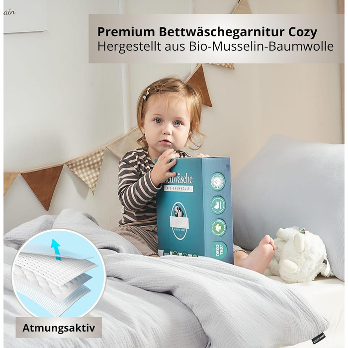 Набір постільної білизни для дитячого ліжечка Kinderbettwäsche: 2 шт. (100x135 см, 40x60 см) | Органічна бавовна, сертифікат ÖkoTex, для алергіків | Набір постільної білизни з мусліну для дітей | Сірий колір