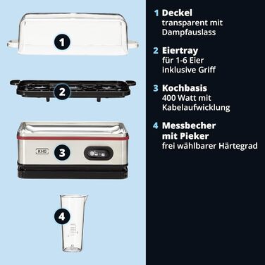 Електричний яйцеварка KHG EK-600SE: 6 яєць, нержавіюча сталь, з підігрівом, ретро-дизайн, з будильником та мірним стаканом, 400 Вт