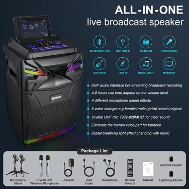 Портативна караоке система з Bluetooth та 2 мікрофонами, 2 x 10” динаміки, USB-C запис, світлові ефекти, FM, підтримка TV/проектора, GTSK210-1