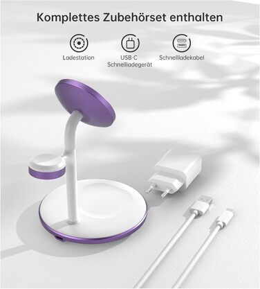 3-в-1 Бездротова Зарядка для Багатьох Пристроїв: iPhone, iWatch, AirPods (15W, MagSafe, Lila)