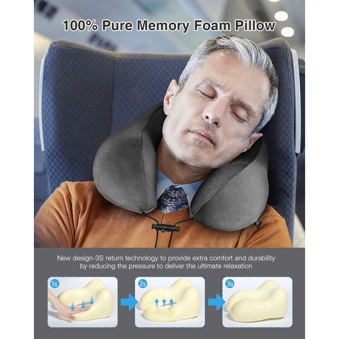 Подушка для шиї Homiee для подорожей: зручна, ергономічна, з memory foam, для автомобіля, літака, доросла (сіра)