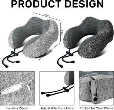 Подушка для шиї у літак 2 шт. Memory Foam, м'яка та підтримуюча, для подорожей, сну, авто, поїздів та дому (Синій та Сірий) (C-чорний та Сірий)