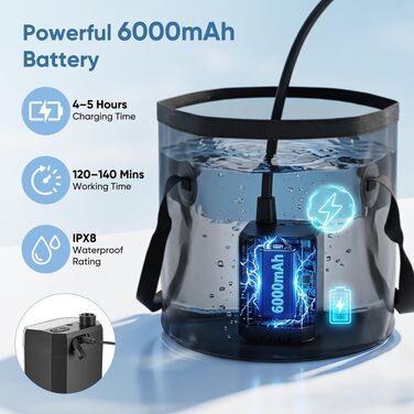 Портативний кемпінговий душ з акумулятором 6000mAh, електричним насосом, 6 рівнями тиску та відром на 20л