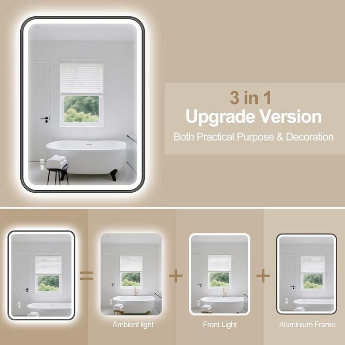 Дзеркало для ванної кімнати S'bagno з підсвічуванням 100x70 см, з алюмінієвою рамою, антизапарююче, 3000-6500K, функція пам'яті, IP44, горизонтальне/вертикальне, чорний колір, M99 (без Bluetooth)