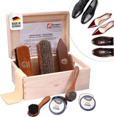 Shoe Shining Set Leather 9-Piece Shoe Shining Box Milano I Horsehair Shoe Brush - Container Brush and extra soft horsehair brush for polishing I Shoe Brush Set with horsehair, shoe care set made in Germany