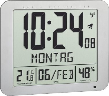 TFA Dostmann Radio Clock digital, 60.4516.54, with room climate display, spelled-out weekday (10 languages), 2 alarm functions, as a table clock or for hanging, silver, (L) 248 x (W) 25 (73) x (H) 206 mm