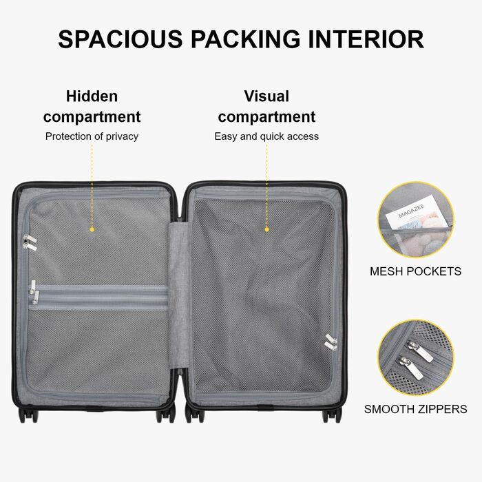 Чемодан-тележка LEVEL8, валіза на коліщатках, валіза з жорстким корпусом, 4 колеса, ручна валіза Spinner, TSA, 100% полікарбонат, мікро-діамантова текстура, великий (66см, 65л, чорний) (A Schwarz, S (54x23.5x37см, 40л) з 6 шт.)