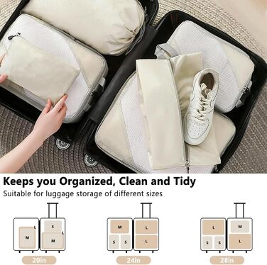 Набір органайзерів для валізи POWZOO (8 шт.) - компресійні кубики для одягу та взуття, бежевий