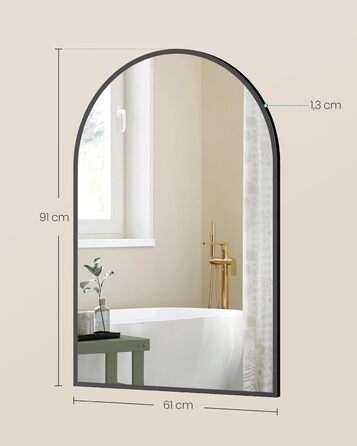 Дзеркало для ванної кімнати SONGMICS, настінне, з алюмінієвою рамою, 91 x 61 см, з захисною плівкою, 2 способи кріплення, для ванної, спальні, вітальні, LWM010BD01 (округле, чорний)