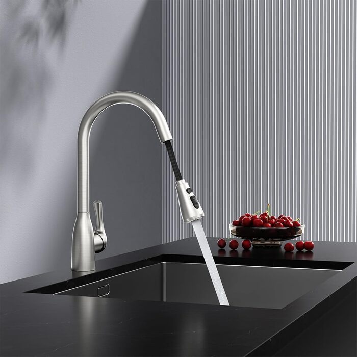 Кухонний змішувач Rainsworth з висувною лійкою та душем, високопродуктивний, з двома типами струменя, поворотний на 360°, з нержавіючої сталі, проста установка, висота 56 см