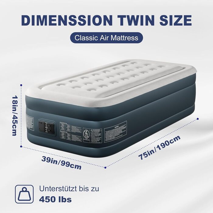 Надувний матрац LEADZM для 2 осіб з електронасосом, 203x152x46 см, сірий. Самороздувний, флок + PVC, вантажопідйомність 295 кг