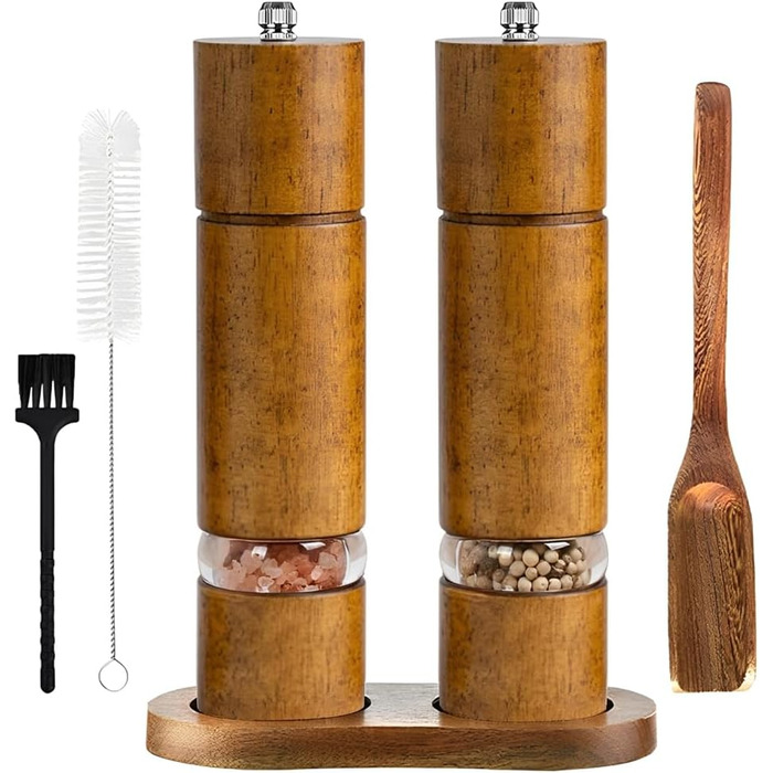 Механічна млинка для солі та перцю з керамічним жорном, регульована ступінь помелу, набір 2 шт. з підставкою, висота 21,5 см