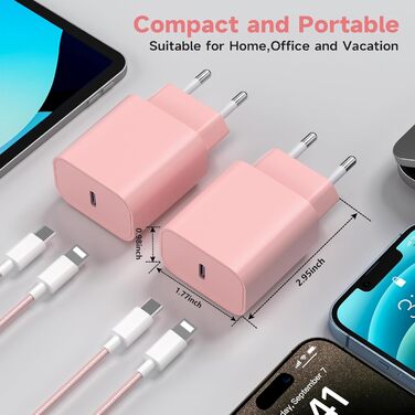 Зарядний пристрій 20W USB-C з кабелем Lightning для iPhone 14/13/12/11/X/XR/XS/Mini/SE - 2 шт, Рожевий