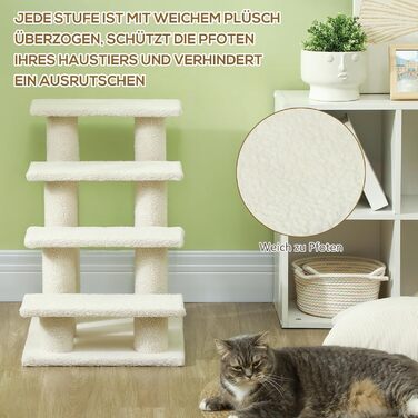 PawHut Pet Stairs Cat Stairs Dog Stairs Stairs for Cats and Dogs 4 Steps 63.5x43x60cm (Cream White)